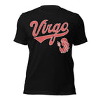 Virgo zodiac sports graphic t-shirt, black with red ink, unisex athletic astrology apparel, front flat lay