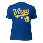 Virgo zodiac sports graphic t-shirt, blue with gold ink, unisex athletic astrology apparel, front flat lay