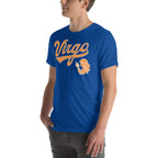 A man wearing a royal blue t-shirt with a retro orange 'Virgo' graphic and zodiac symbol on the chest, shown against a plain white background.
