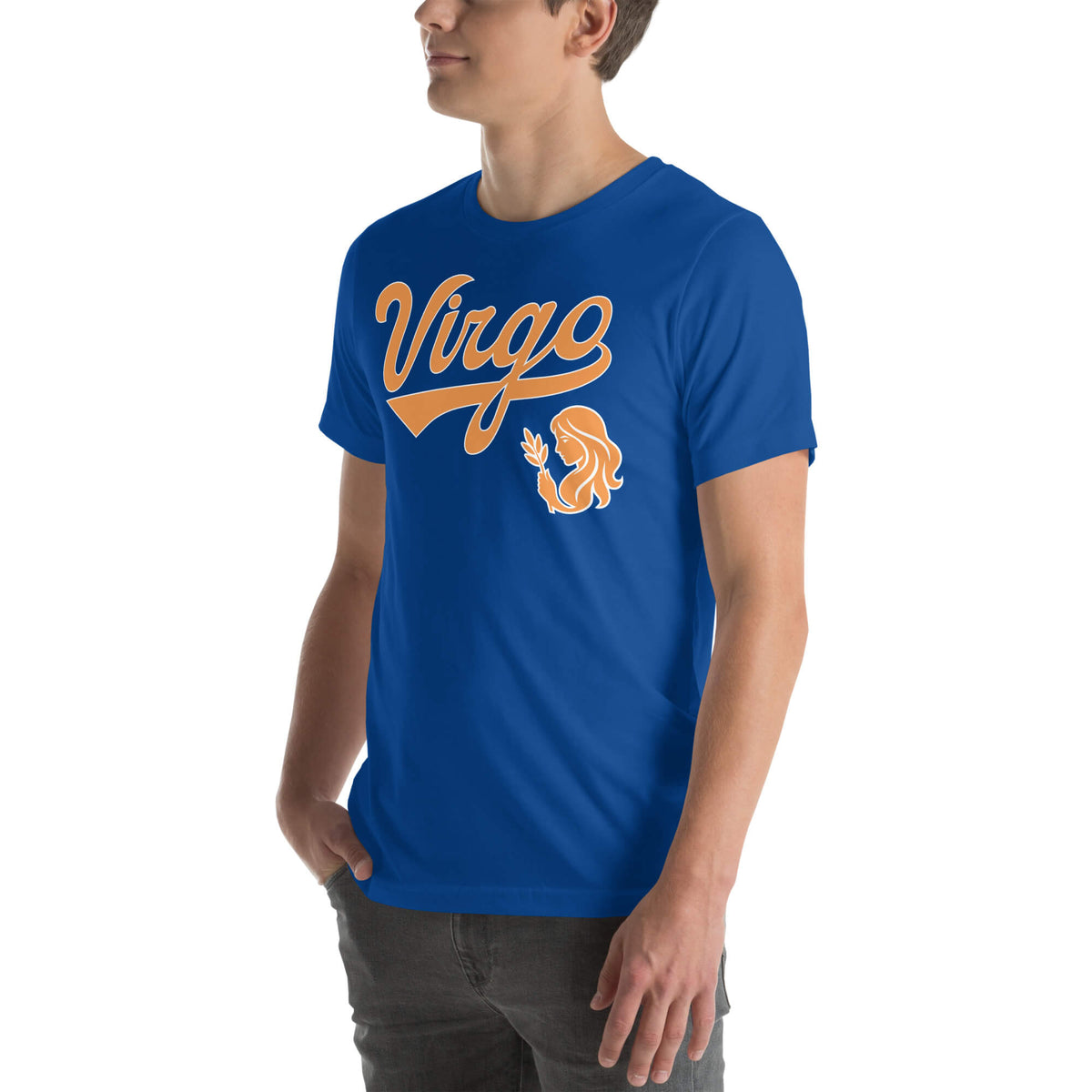 A man wearing a royal blue t-shirt with a retro orange 'Virgo' graphic and zodiac symbol on the chest, shown against a plain white background.