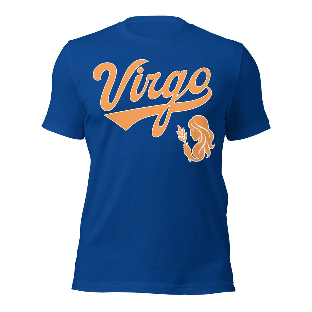 Virgo zodiac sports graphic t-shirt, blue with orange ink, unisex athletic astrology apparel, front flat lay