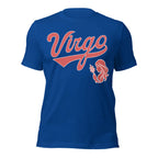 Virgo zodiac sports graphic t-shirt, blue with red ink, unisex athletic astrology apparel, front flat lay
