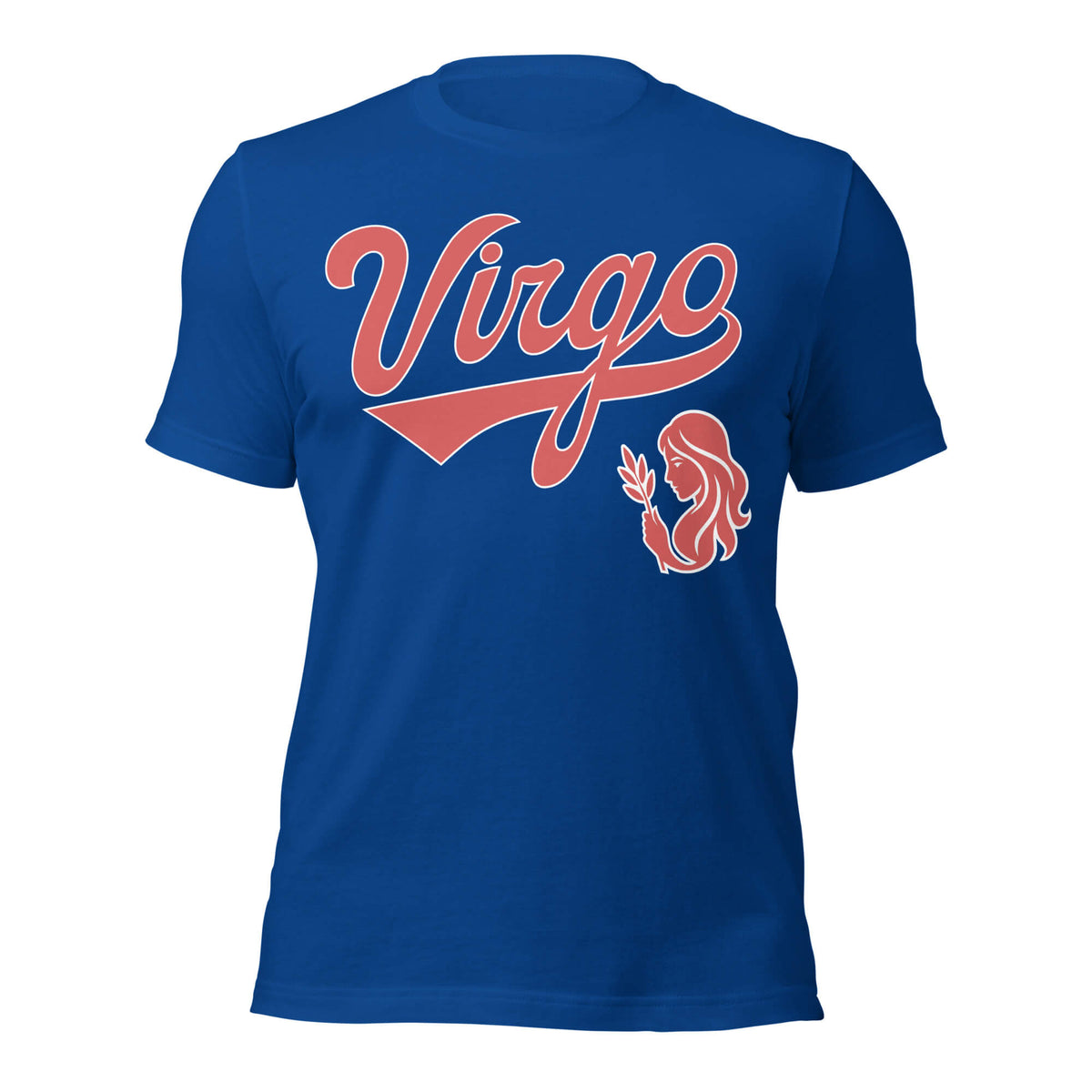 Virgo zodiac sports graphic t-shirt, blue with red ink, unisex athletic astrology apparel, front flat lay