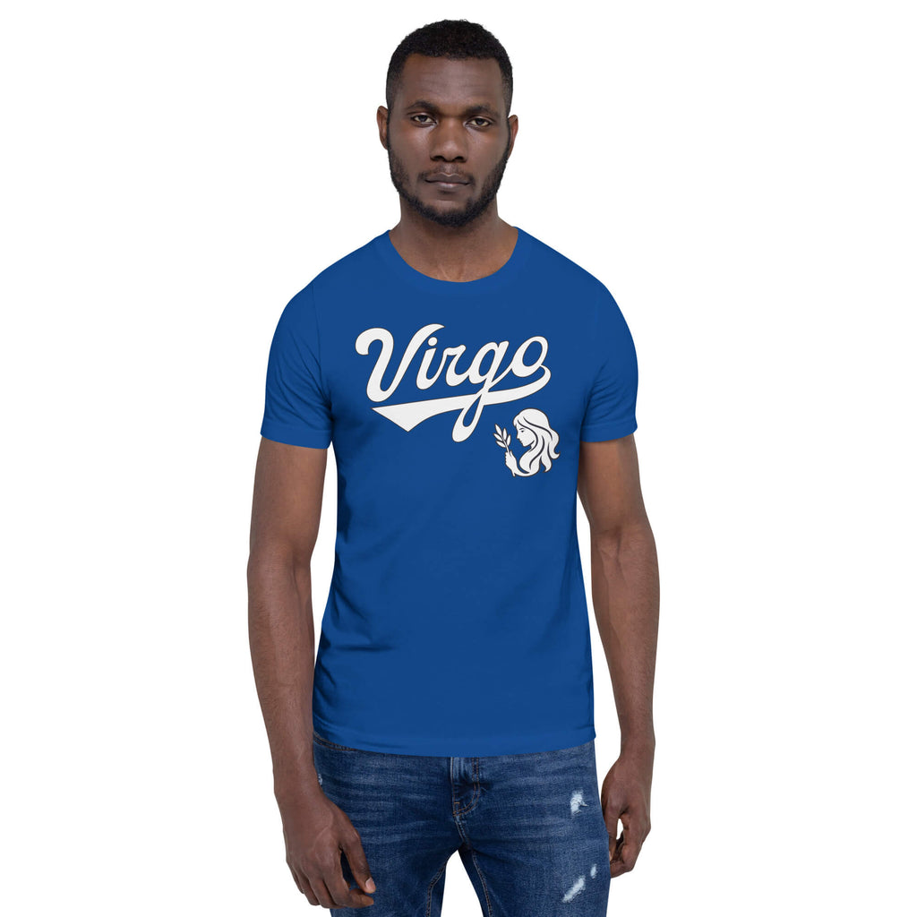 A man wearing a royal blue crewneck t-shirt with 'Virgo' zodiac graphic on the chest, paired with blue jeans, against a plain white background.
