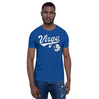 A man wearing a royal blue crewneck t-shirt with 'Virgo' zodiac graphic on the chest, paired with blue jeans, against a plain white background.