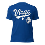 Virgo zodiac sports graphic t-shirt, blue with white ink, unisex athletic astrology apparel, front flat lay
