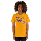 A smiling woman with curly dark hair wearing a bright yellow t-shirt with a purple 'Virgo' zodiac graphic on the chest, set against a plain white background.