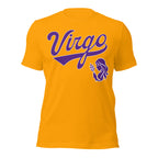 Virgo zodiac sports graphic t-shirt, gold with purple ink, unisex athletic astrology apparel, front flat lay