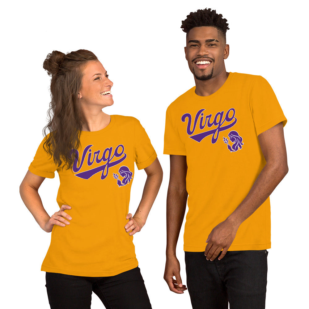 Two people wearing gold t-shirts with a Virgo zodiac graphic on a white background