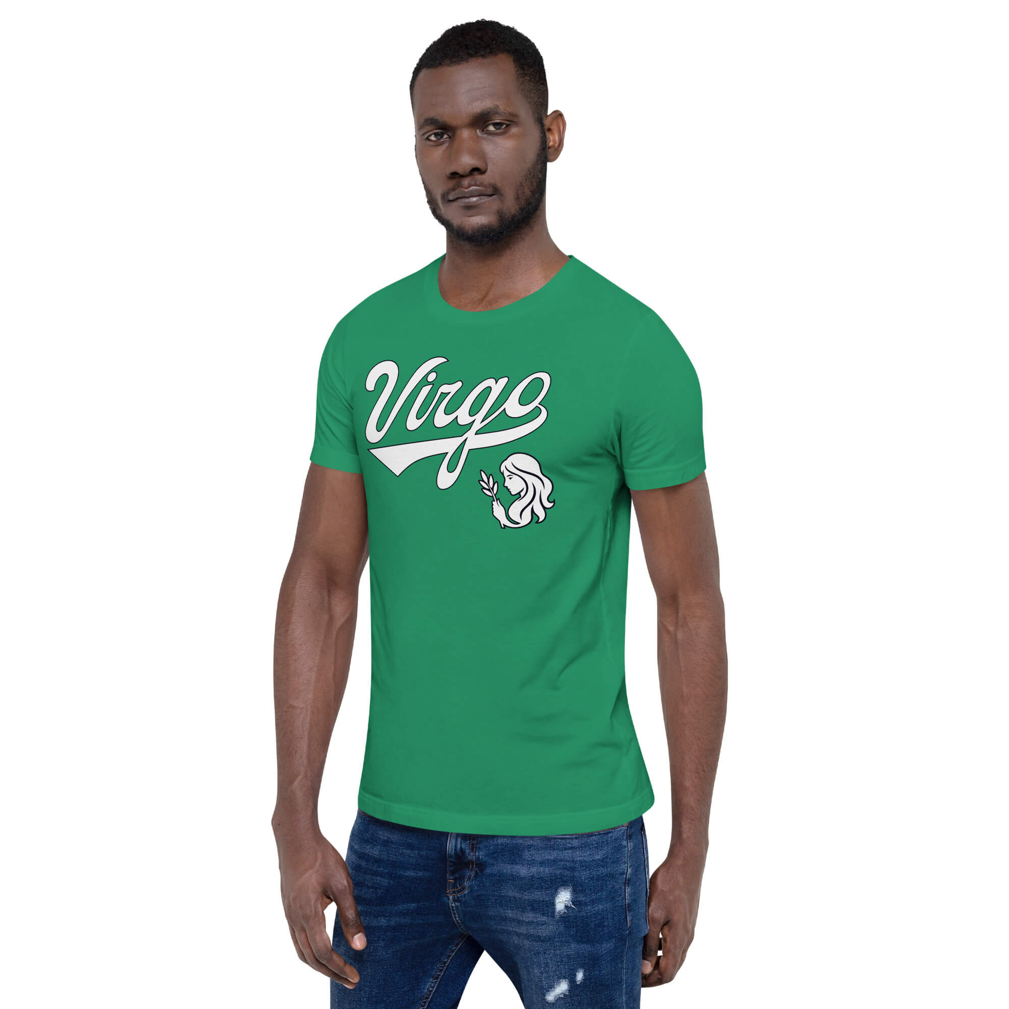 A man wearing a green crew-neck t-shirt with a white 'Virgo' script and a small Virgo zodiac graphic on the front, paired with blue jeans, set against a plain white background.