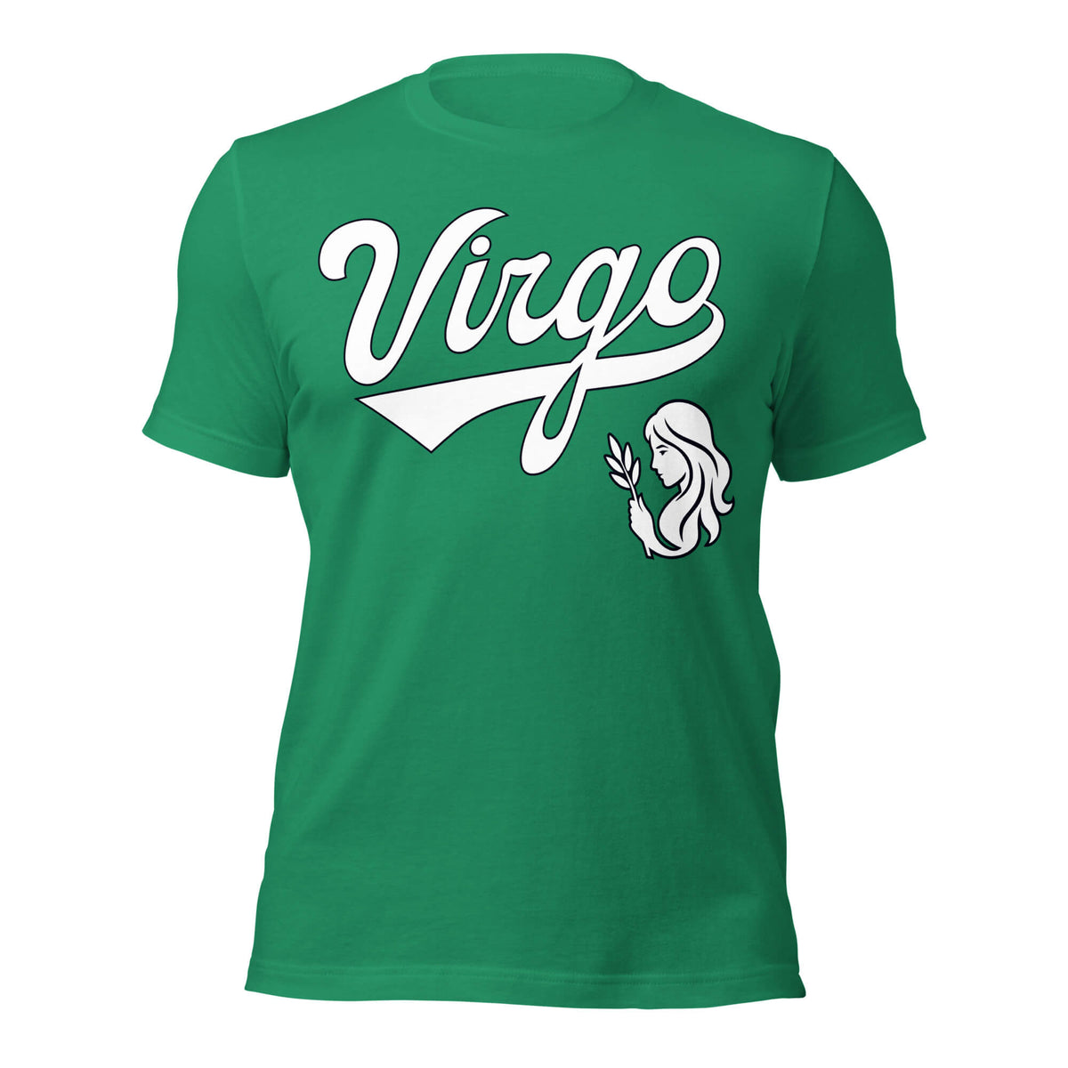 Virgo zodiac sports graphic t-shirt, green with white ink, unisex athletic astrology apparel, front flat lay
