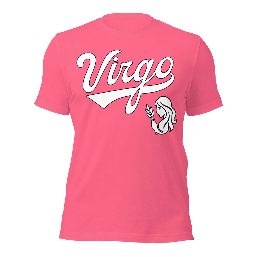 Pink t-shirt with 'Virgo' and a zodiac symbol on a white background. Pink Shirt / White Ink variant.