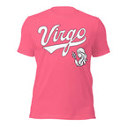 Virgo zodiac sports graphic t-shirt, pink with white ink, unisex athletic astrology apparel, front flat lay
