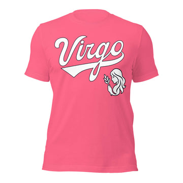 Virgo zodiac sports graphic t-shirt, pink with white ink, unisex athletic astrology apparel, front flat lay