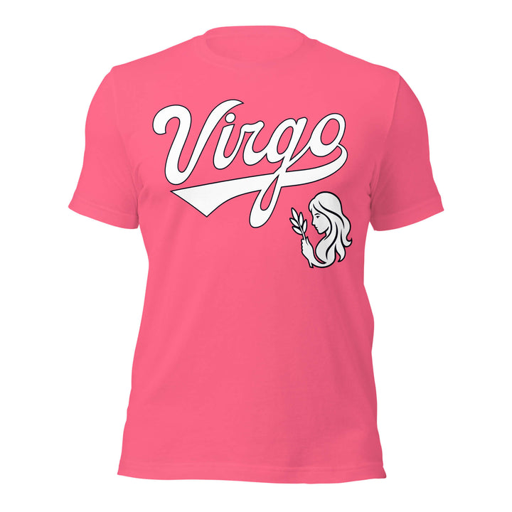 Pink t-shirt with 'Virgo' and a zodiac symbol on a white background. Pink Shirt / White Ink variant.