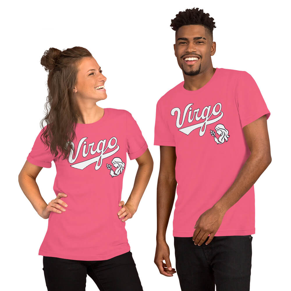 A man and a woman modeling matching bright pink t-shirts with 'Virgo' written in white script across the chest, set against a plain white background.