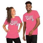 A man and a woman modeling matching bright pink t-shirts with 'Virgo' written in white script across the chest, set against a plain white background.