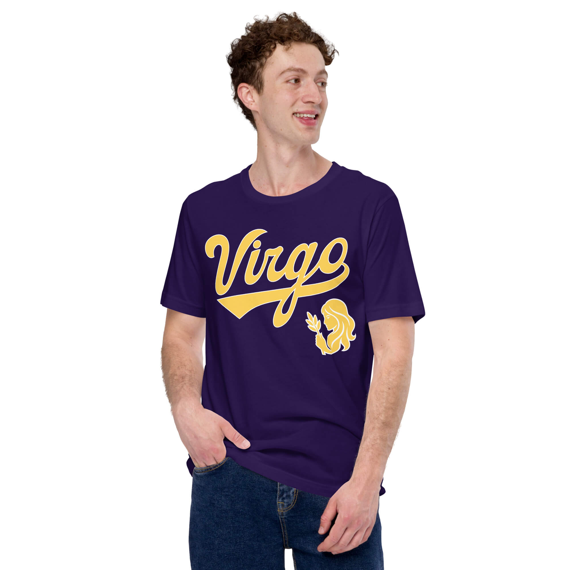 A man wearing a dark purple t-shirt with a yellow 'Virgo' zodiac graphic, paired with blue jeans, against a plain white background.