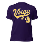 Virgo zodiac sports graphic t-shirt, purple with gold ink, unisex athletic astrology apparel, front flat lay