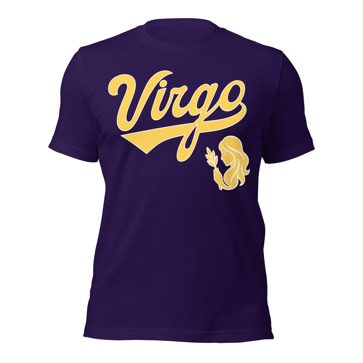 Virgo zodiac sports graphic t-shirt, purple with gold ink, unisex athletic astrology apparel, front flat lay