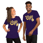 Two people wearing purple t-shirts with a Virgo zodiac design on a white background