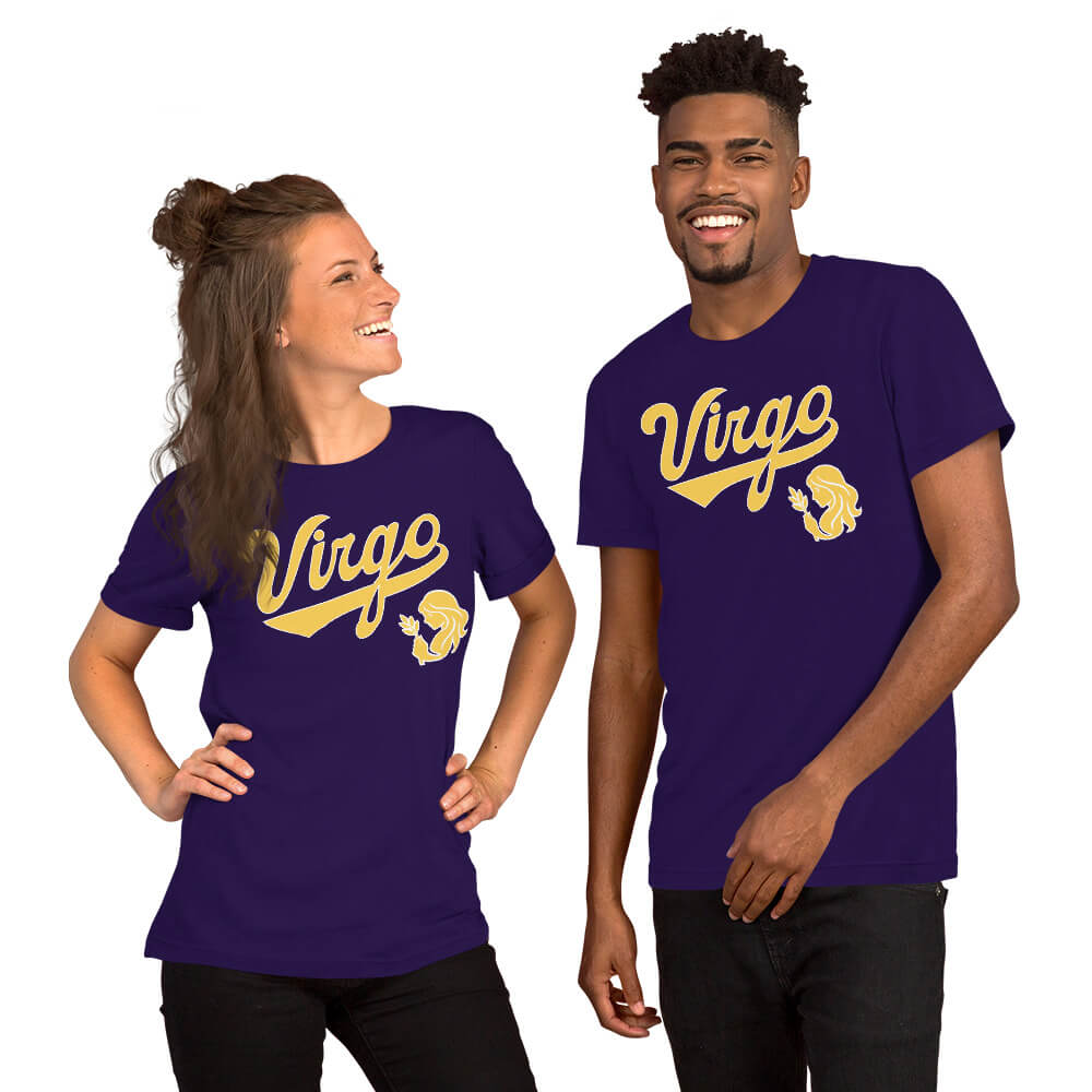 Two people wearing purple t-shirts with a Virgo zodiac design on a white background