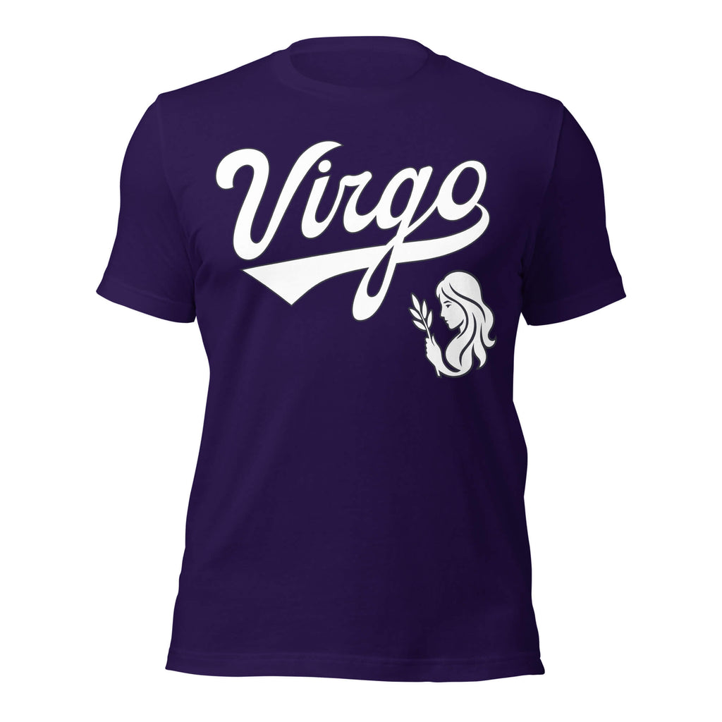 Virgo zodiac sports graphic t-shirt, purple with white ink, unisex athletic astrology apparel, front flat lay