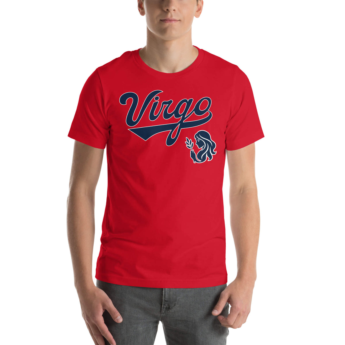 A man wearing a bright red short-sleeve t-shirt with a navy blue graphic on the chest that reads 'Virgo'. The model is also wearing gray jeans, set against a plain white background.