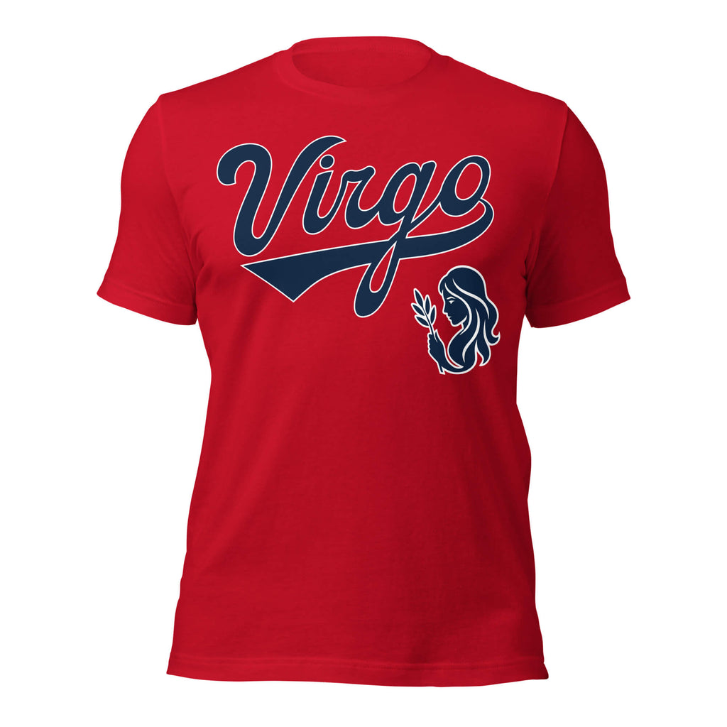 Virgo zodiac sports graphic t-shirt, red with blue ink, unisex athletic astrology apparel, front flat lay