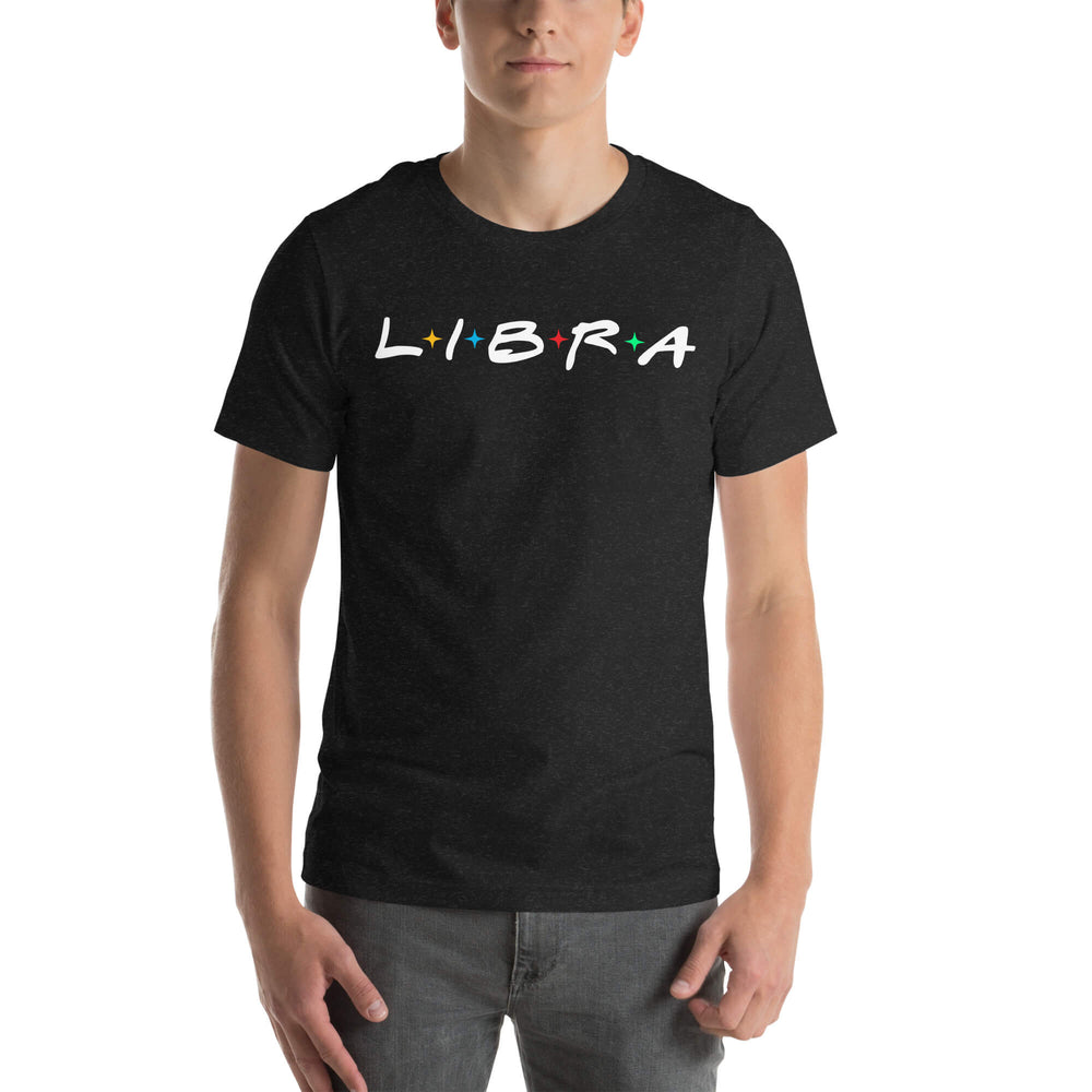 Person wearing a black t-shirt with 'LIBRA' design on a white background