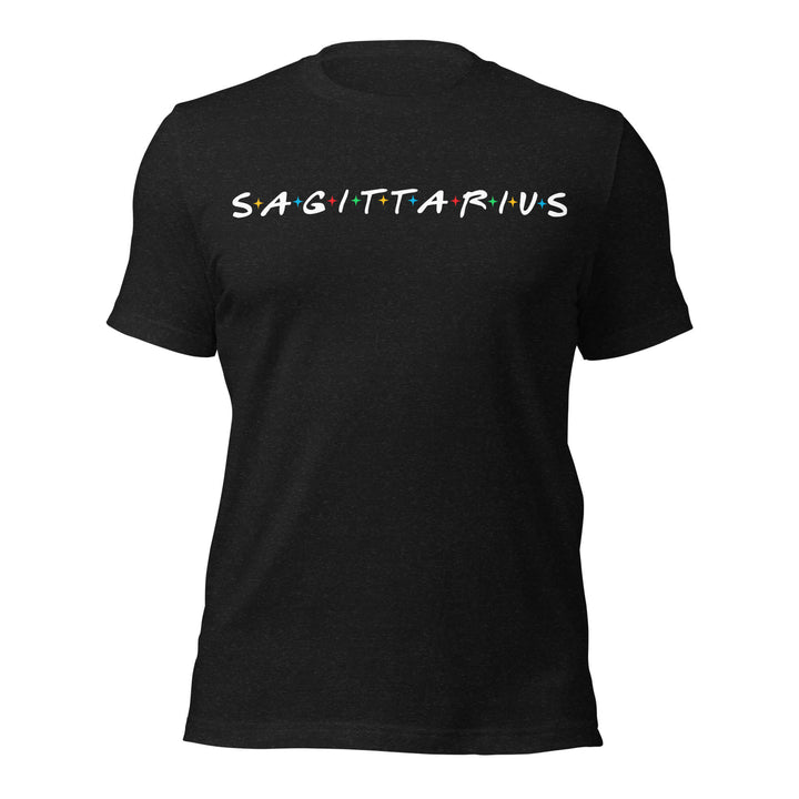 Black t-shirt with 'SAGITTARIUS' text and colorful design on a white background
