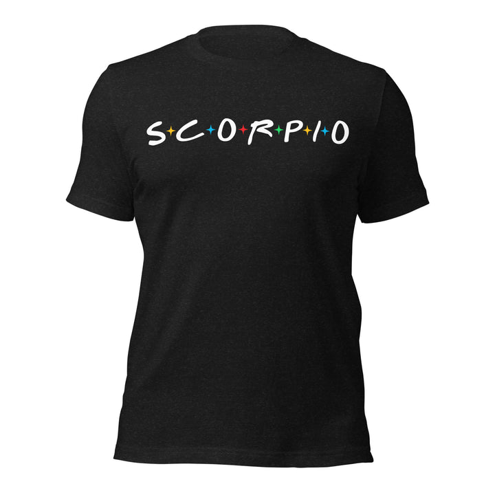 Black t-shirt with 'SCORPIO' text on a white background