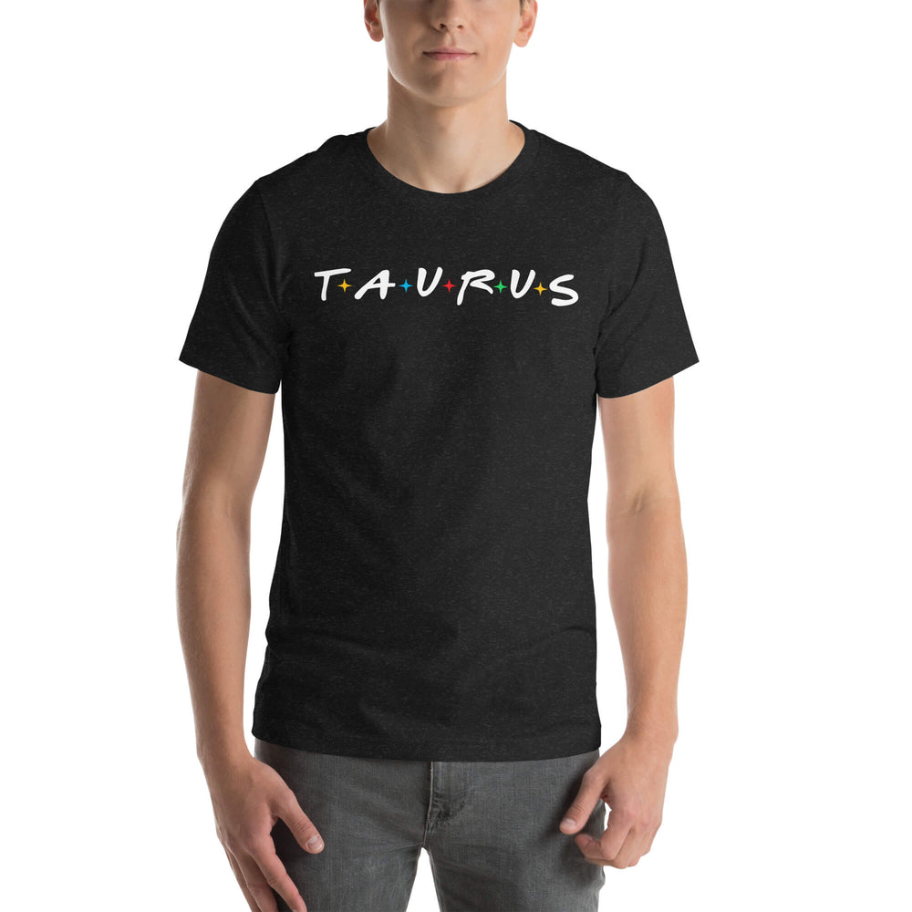 Person wearing a black t-shirt with 'TAURUS' text on a white background