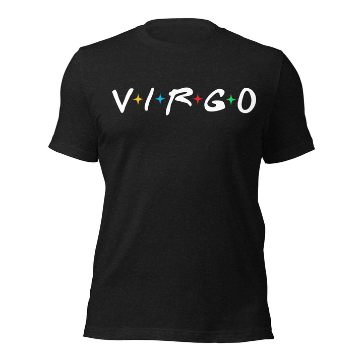 Black t-shirt with 'Virgo' text on a white background