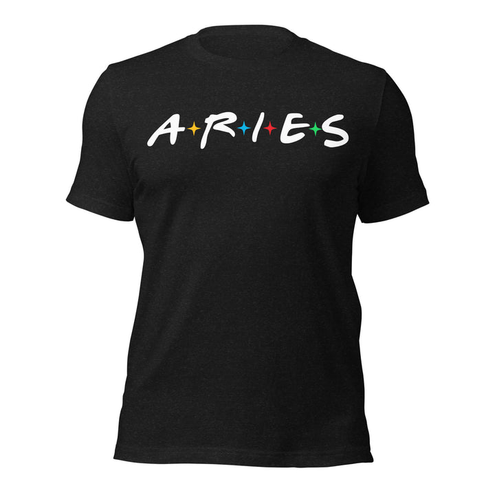 Black t-shirt with 'ARIES' text on a white background