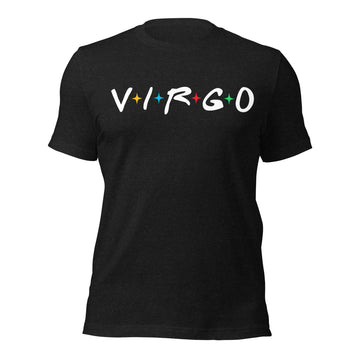 Virgo zodiac 90s nostalgia graphic t-shirt, black unisex relaxed fit, front flat lay