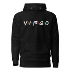 Virgo zodiac 90s nostalgia graphic pullover hoodie, black unisex relaxed fit, front flat lay