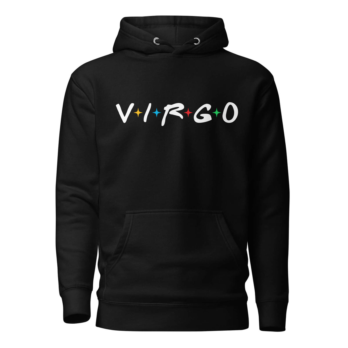 Virgo zodiac 90s nostalgia graphic pullover hoodie, black unisex relaxed fit, front flat lay