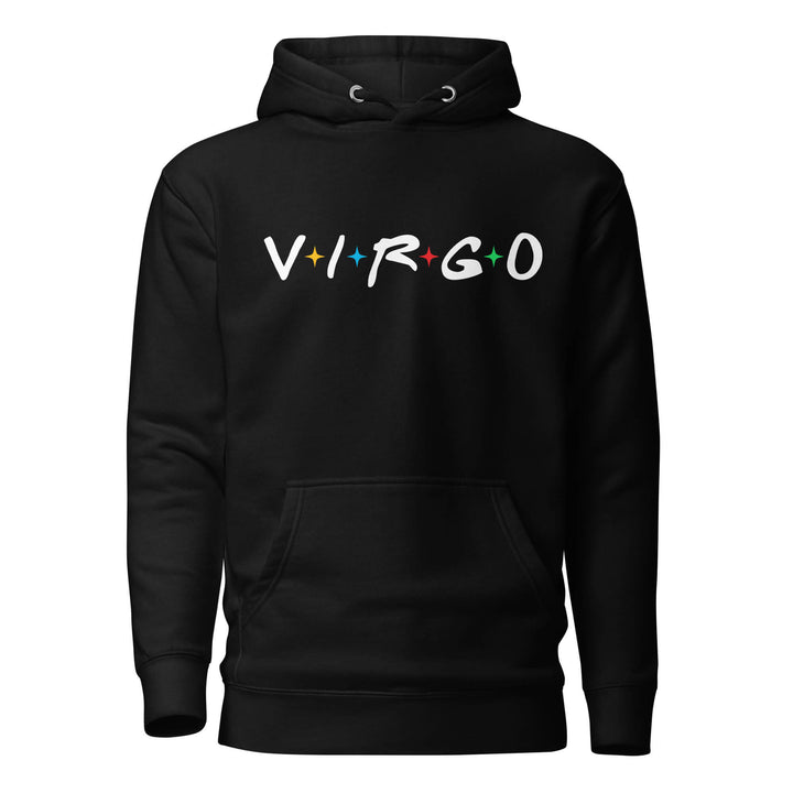 Virgo zodiac 90s nostalgia graphic pullover hoodie, black unisex relaxed fit, front flat lay