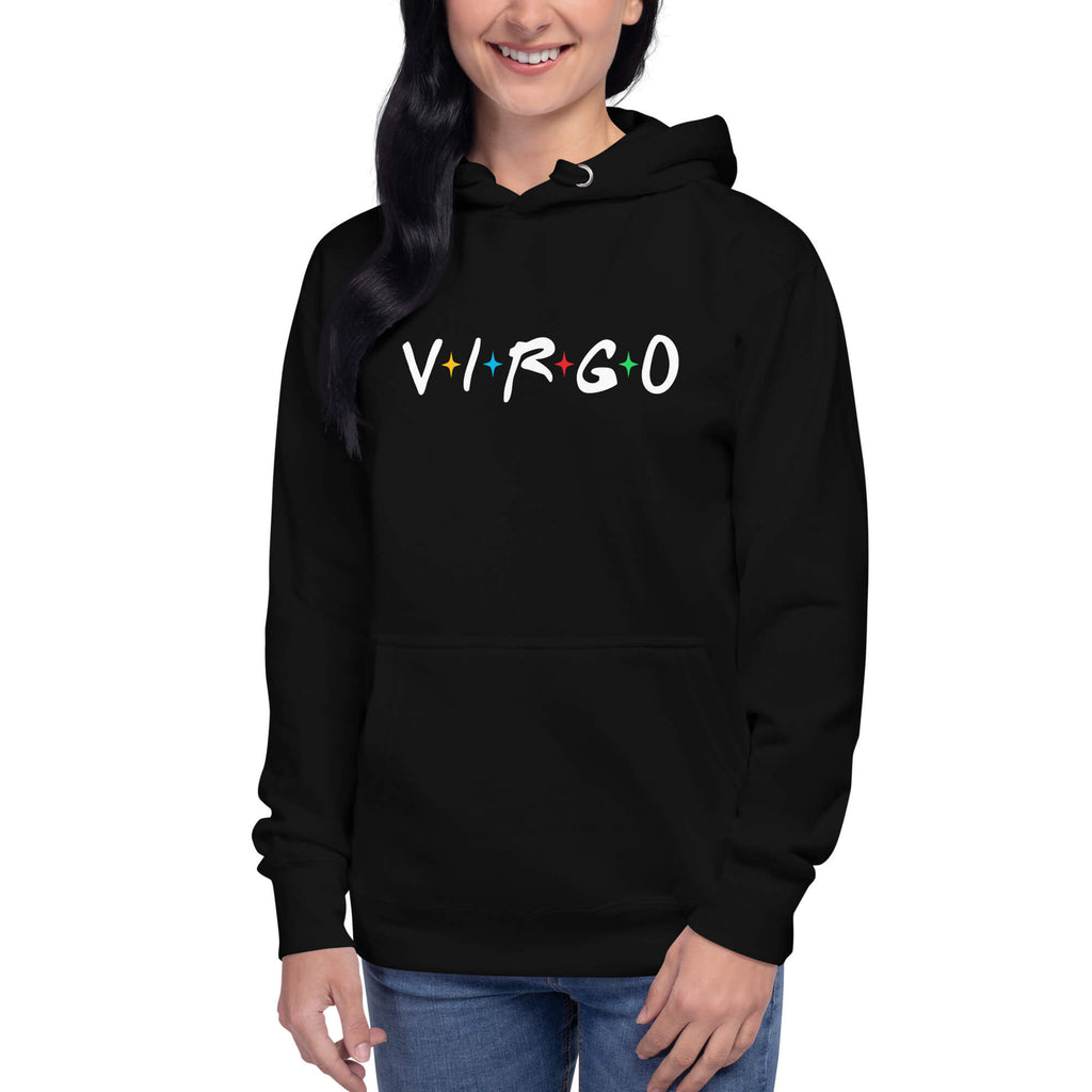 Person wearing Virgo zodiac 90s nostalgia graphic hoodie in black, unisex astrology apparel