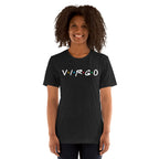 Person wearing a black t-shirt with 'Virgo' printed on it against a white background