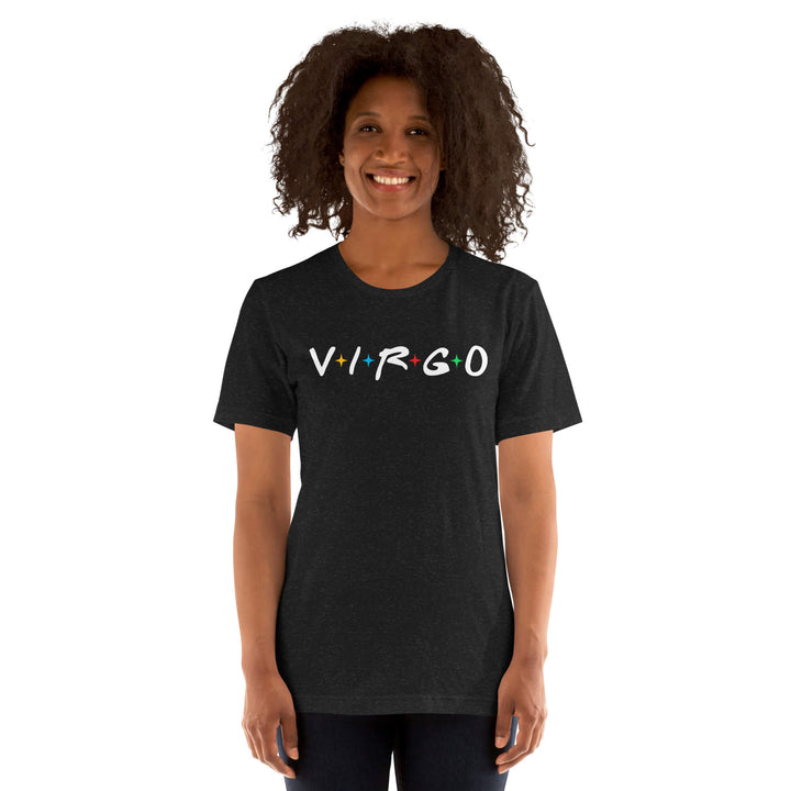 Person wearing a black t-shirt with &