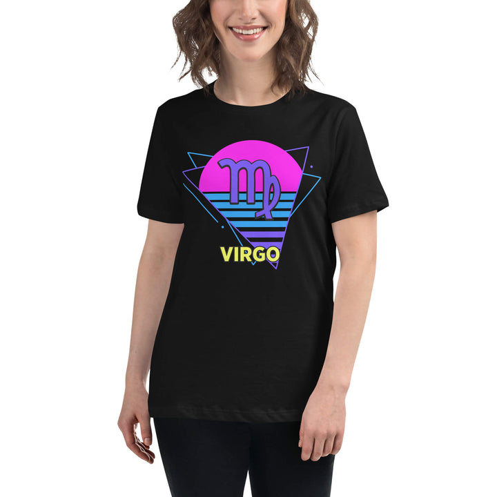 Person wearing Virgo zodiac retro 80s graphic t-shirt, unisex astrology apparel