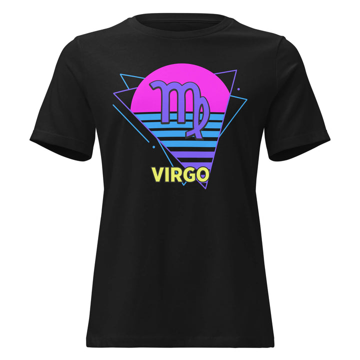Virgo retro 80s zodiac t-shirt with pink sun design on black shirt – flat product mockup
