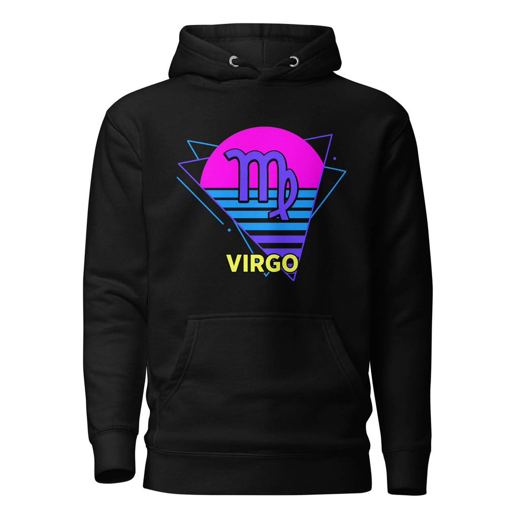 Virgo zodiac retro 80s graphic pullover hoodie, black with purple design, unisex astrology apparel, front flat lay