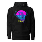 Virgo zodiac retro 80s graphic pullover hoodie, black with purple design, unisex astrology apparel, front flat lay