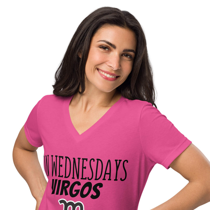 Woman smiling in a hot pink “On Wednesdays Virgos Wear Pink”  V-neck shirt.