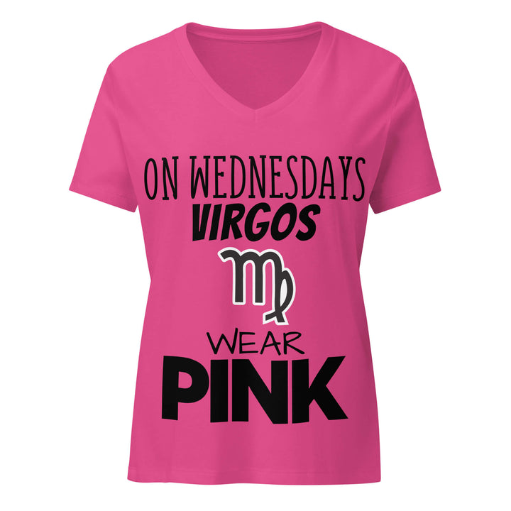 Pink v-neck with black text and Virgo symbol on a white background