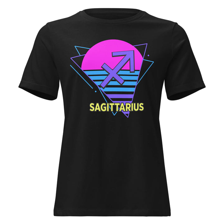 Sagittarius retro 80s zodiac t-shirt with pink sun design on black shirt – flat product mockup